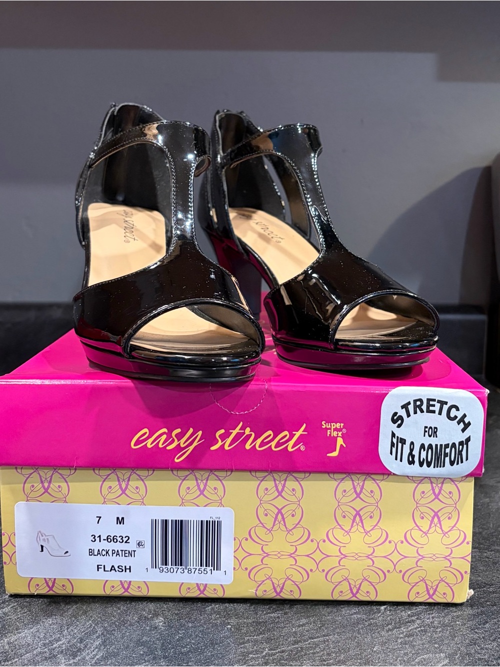 easy street Black Patent T-Strap Wedge Sandals